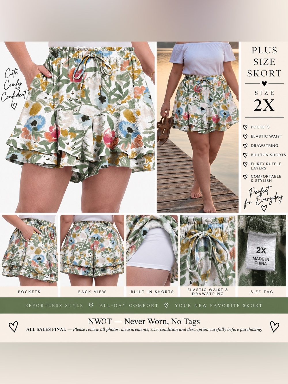 NWOT Floral Ruffle Skort with Built-In Shorts - Plus Size 2X